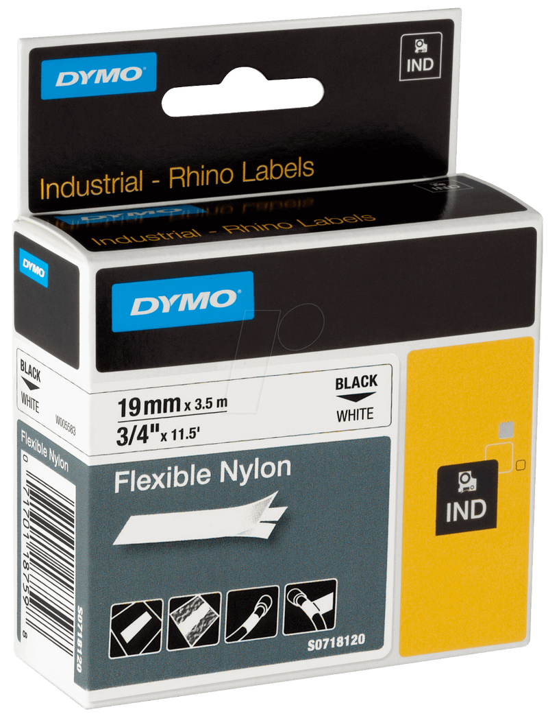 Dymo Rhino 18759 / 18489 Black on White Flexible Nylon Tape - 19mm